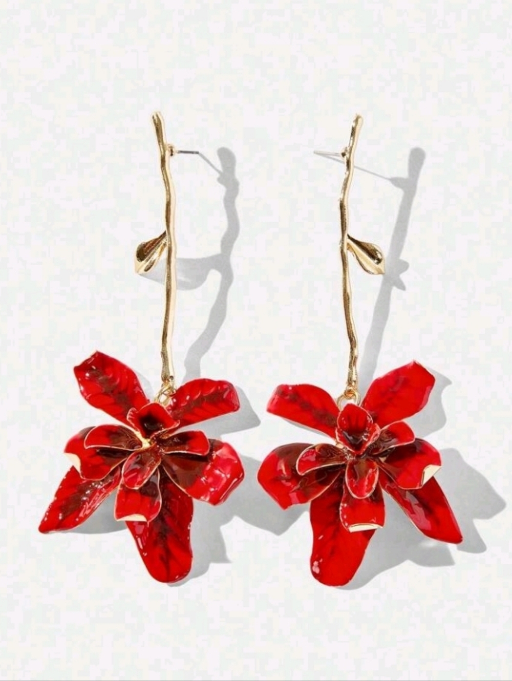 NEW! Statement Gold Branch Red Floral Enamel Dangle Drop Post Earrings